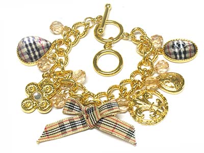 Flannel pattern ribbon and glass and metal charms toggle bracelet with ribbon