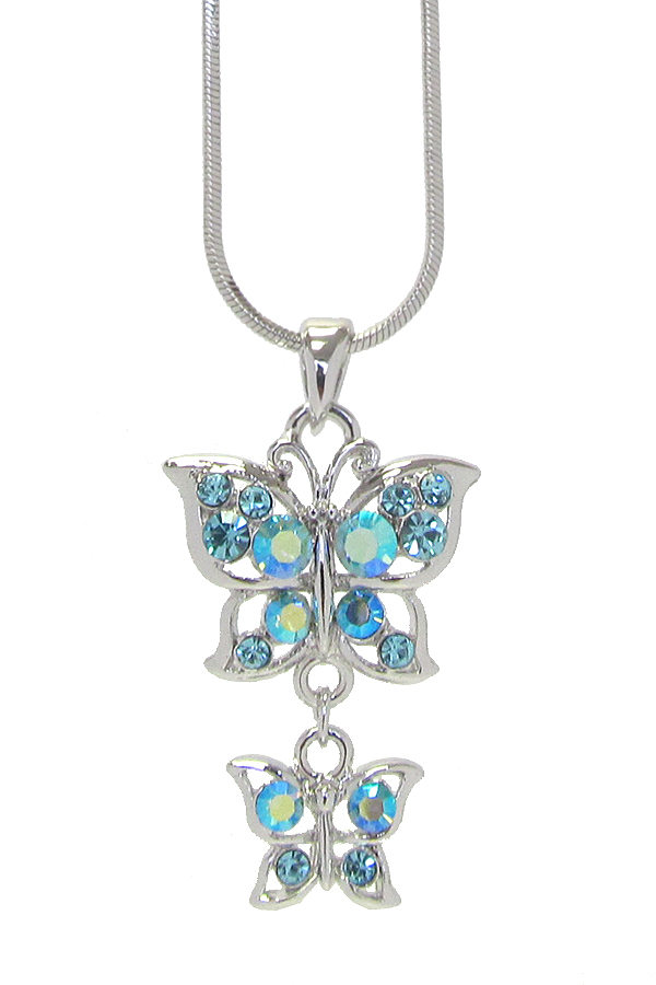 WHITEGOLD PLATING CRYSTAL DOUBLE BUTTERFLY PENDANT NECKLACE