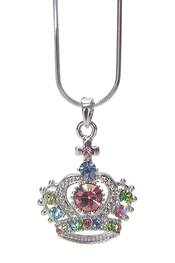 WHITEGOLD PLATING CRYSTAL CROWN PENDANT NECKLACE