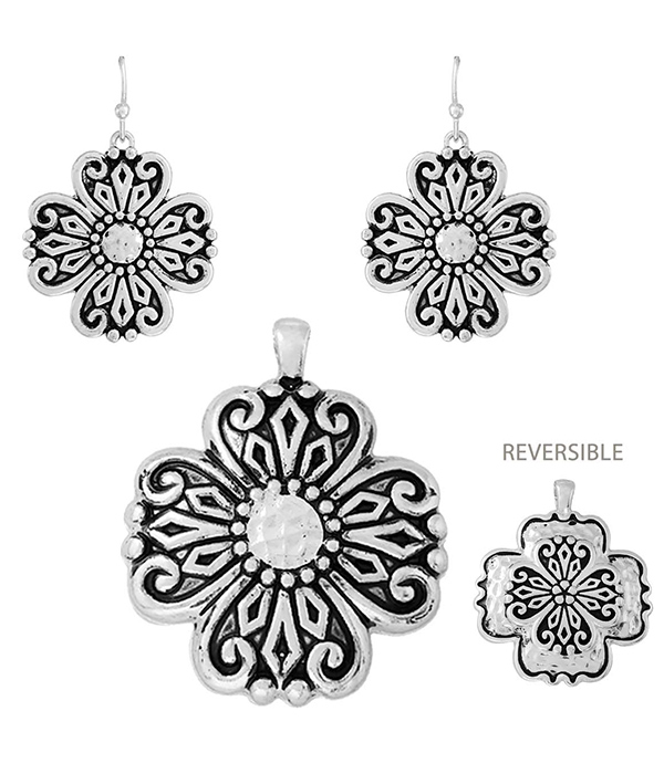 Designer textured reversible flower pendant and earring set