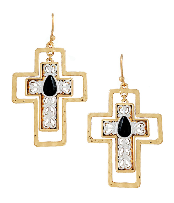 METAL FILIGREE DOUBLE CROSS DANGLE DROP EARRING