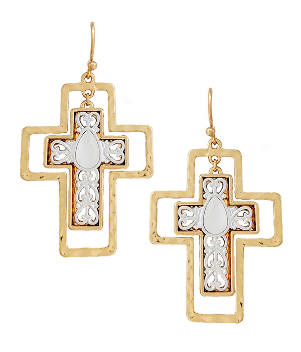 Metal filigree double cross dangle drop earring