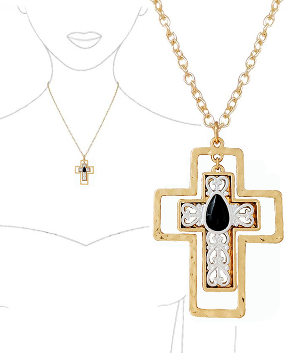 METAL FILIGREE DOUBLE CROSS DANGLE DROP PENDANT NECKLACE 