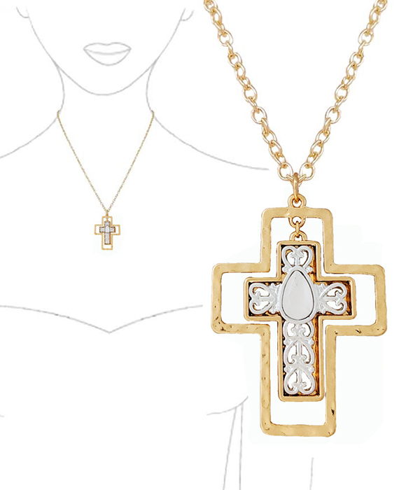 METAL FILIGREE DOUBLE CROSS DANGLE DROP PENDANT NECKLACE