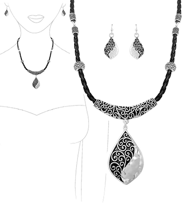 DESIGNER TEXTURED CORD NECKLACE AND EARRING SET - TEARDROP