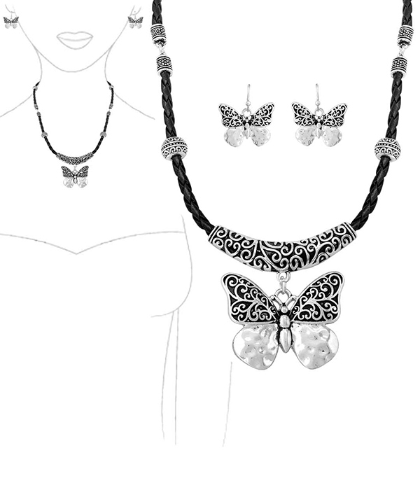 DESIGNER TEXTURED CORD NECKLACE AND EARRING SET - BUTTERFLY