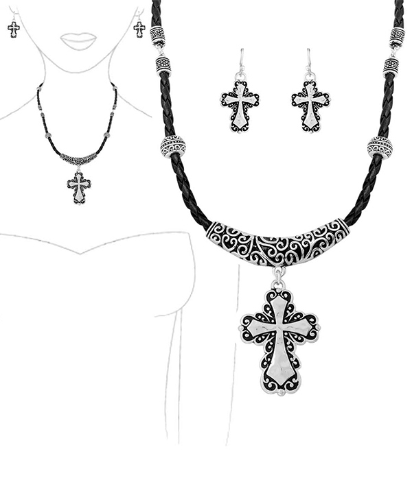 DESIGNER TEXTURED CORD NECKLACE AND EARRING SET - CROSS