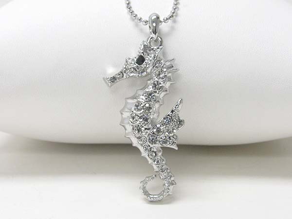 Made in korea whitegold plating crystal stud seahorse pendant necklace