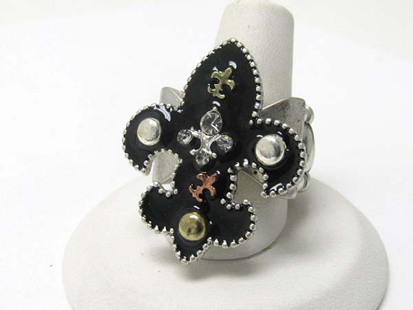 Medieval design crystal and patina metal fleur de lis stretch ring