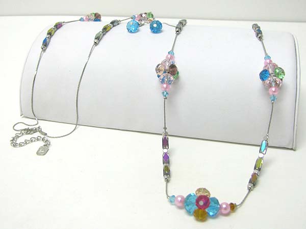 Facet glass stone link long necklace earring set