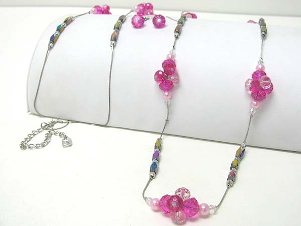 Facet glass stone link long necklace earring set