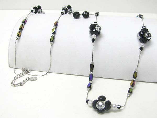 Facet glass stone link long necklace earring set