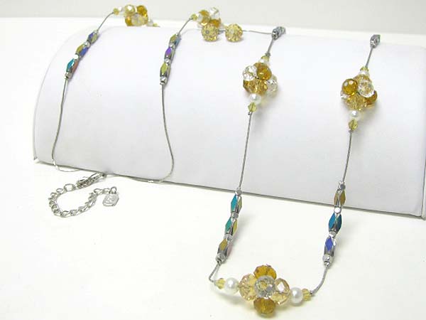 Facet glass stone link long necklace earring set