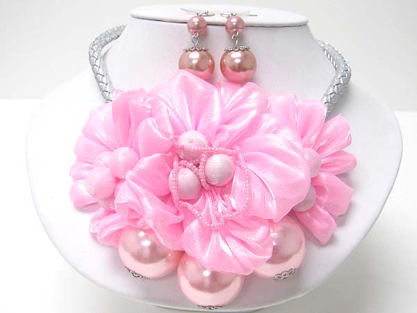 PEARL AND CHIFFON FLOWER BRAIDED CORD NECKALCE EARRING SET