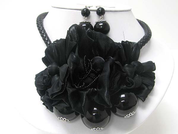 Pearl and chiffon flower braided cord neckalce earring set