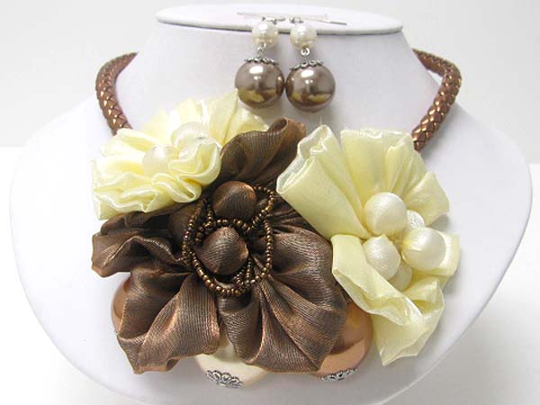 PEARL AND CHIFFON FLOWER BRAIDED CORD NECKALCE EARRING SET