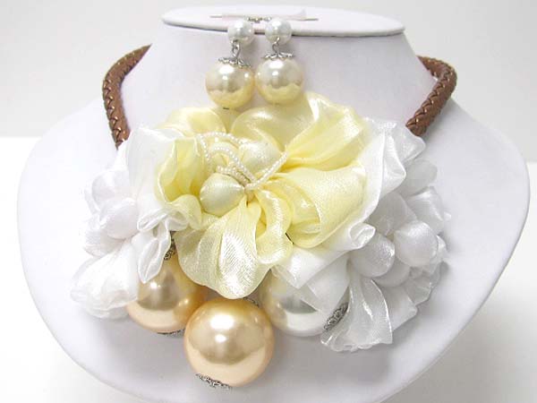 PEARL AND CHIFFON FLOWER BRAIDED CORD NECKALCE EARRING SET
