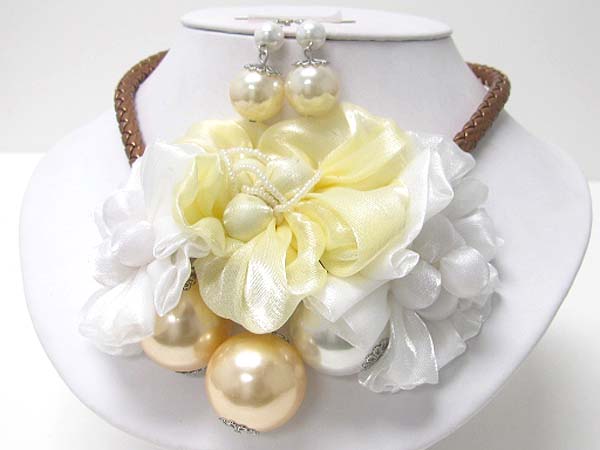 Pearl and chiffon flower braided cord neckalce earring set