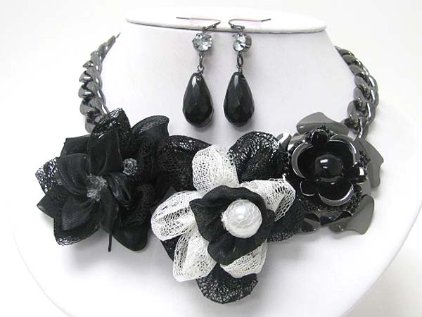 METAL AND CHIFFON FLOWER LINK METAL CHIAN NECKALCE EARRING SET