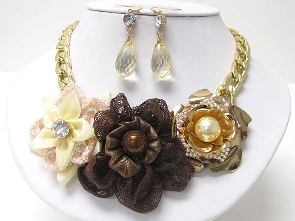 Metal and chiffon flower link metal chian neckalce earring set