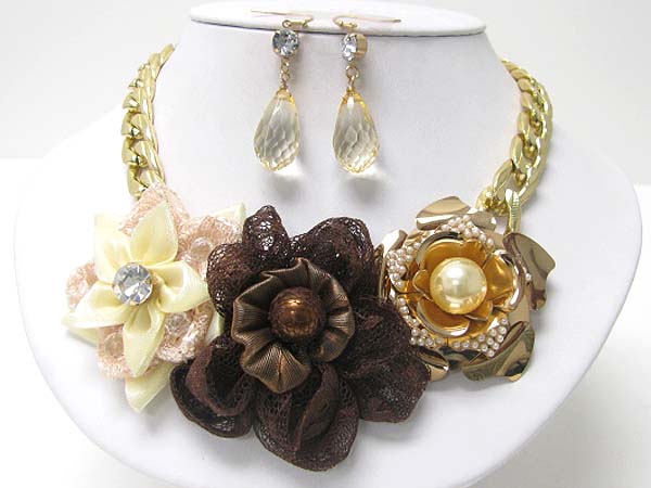 METAL AND CHIFFON FLOWER LINK METAL CHIAN NECKALCE EARRING SET