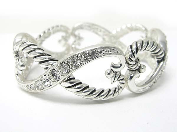 Crystal stud heart link texture metal stretch bracelet