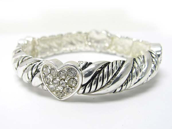 Crystal stud heart textured metal stretch bracelet