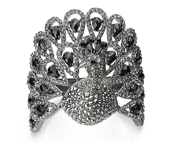 Crystal tall peacock shape metal hinge bangle