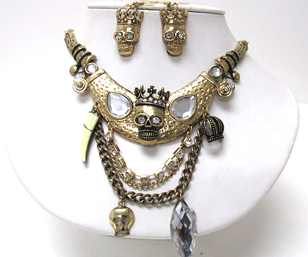 Crystal skull eyes with  crystal crown half metal two tear drop on hammerd oval drop multi chain dangle necklace earring set