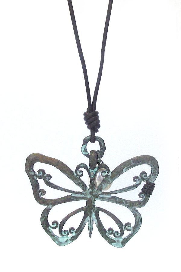 Large metal  pendant long leather chain necklace - butterfly