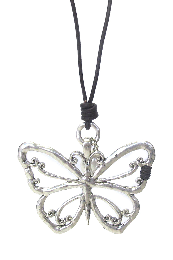 LARGE METAL FILIGREE PENDANT LONG LEATHER CHAIN NECKLACE - BUTTERFLY