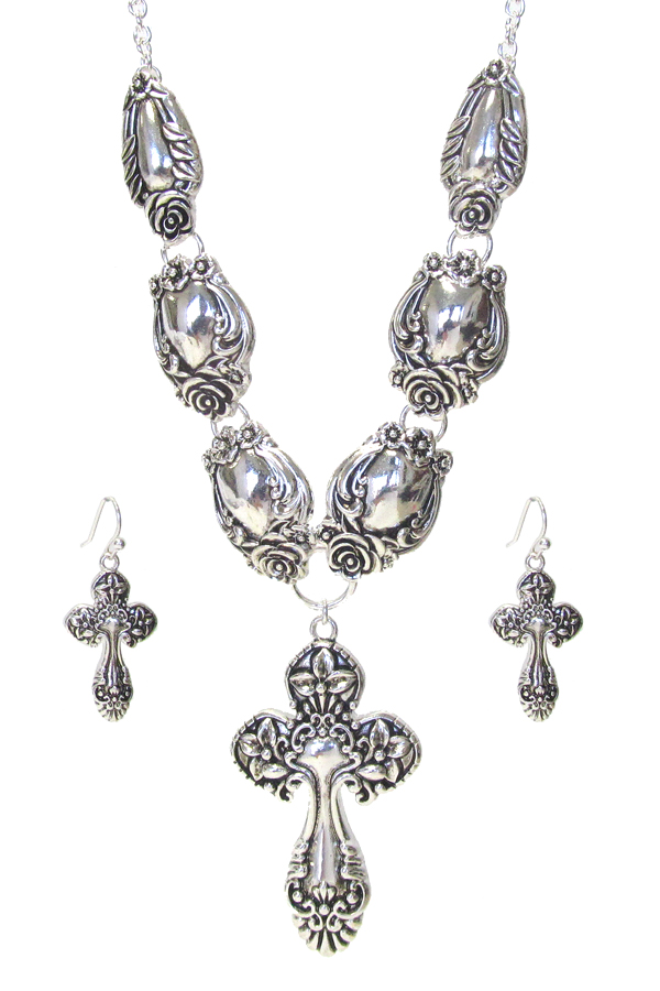Silver utensil inspired necklace set - cross