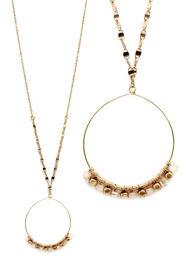 Metal seedbead and wire hoop pendant long necklace