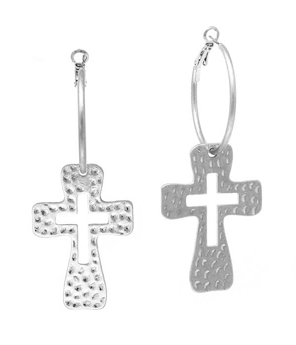 TEXTURED METAL CROSS DANGLE HOOP EARRING