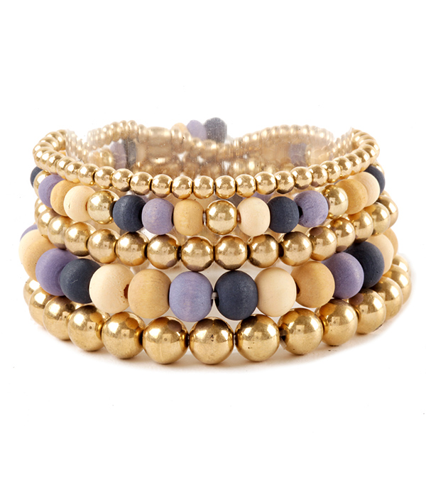 Wood amd metal ball bead mix 5 stretch bracelet set