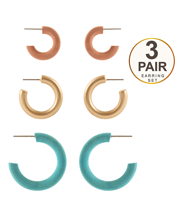 WOOD MIX  3 PAIR HOOP EARRING SET