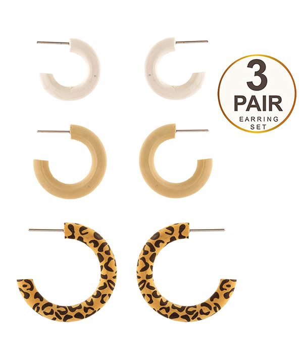 Wood mix  3 pair hoop earring set - animal print