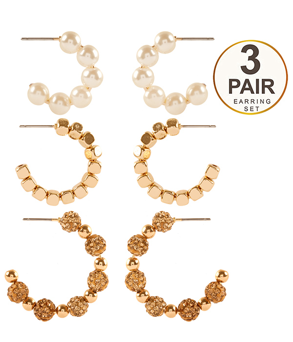 MULTI PEARL AND METAL BEAD 3 PAIR HOOP EARRING SET