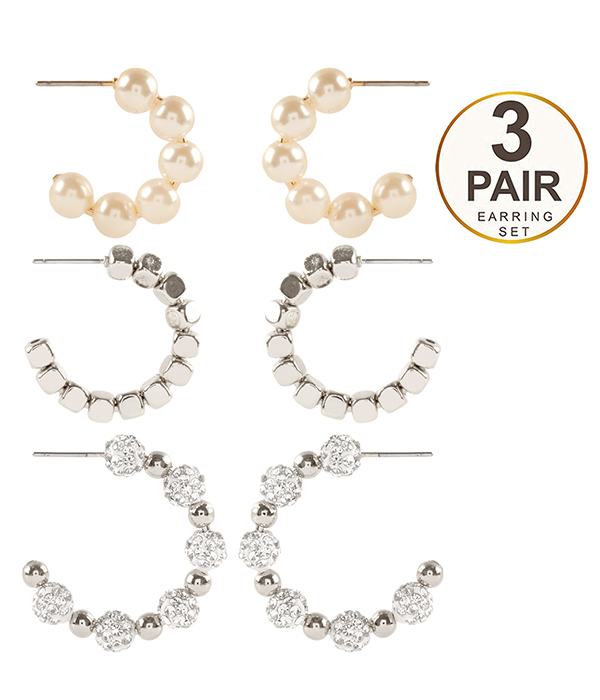 MULTI PEARL AND METAL BEAD 3 PAIR HOOP EARRING SET