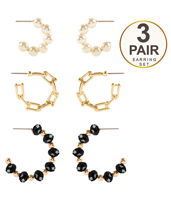 MULTI PEARL AND FACET STONE 3 PAIR HOOP EARRING SET