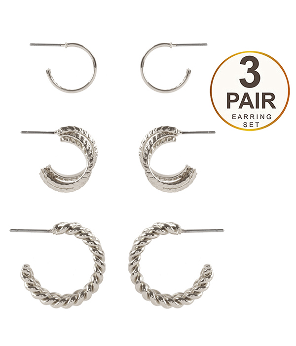 Multi metal 3 pair hoop earring set