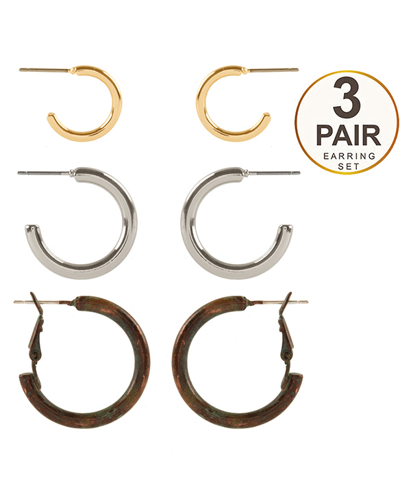 MULTI METAL 3 PAIR HOOP EARRING SET