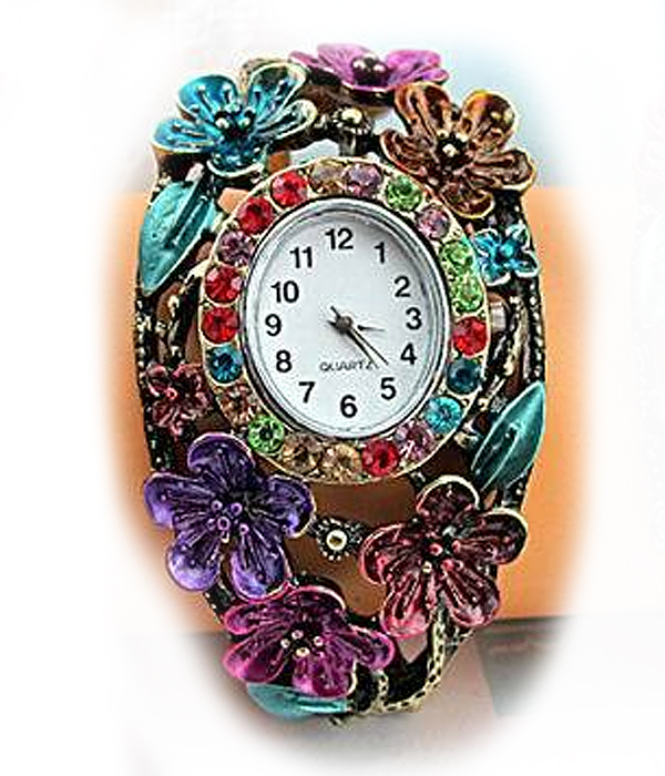 Crystal face and flower bangle watch
