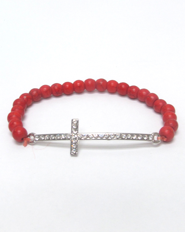 Crystal side cross stone stretch bracelet
