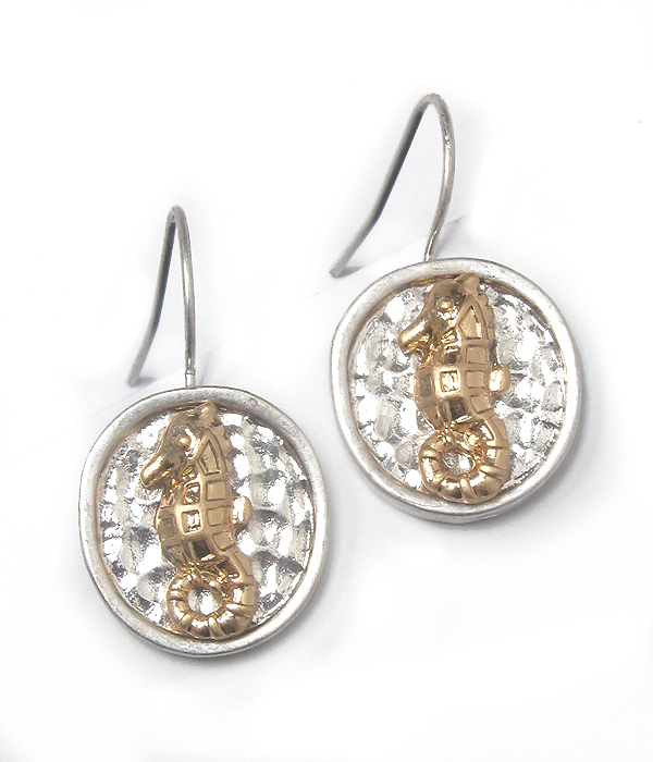 Two tone metal sealife theme earring - seahorse