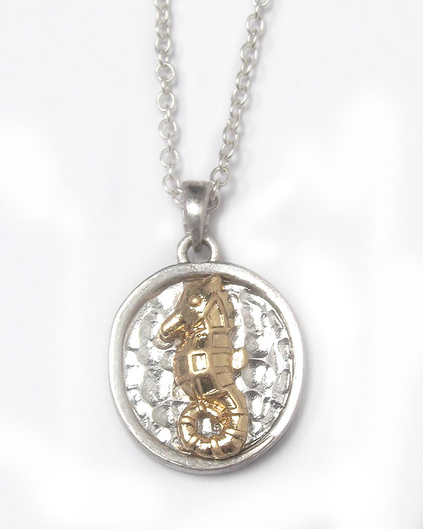 Two tone metal sealife theme necklace - seahorse
