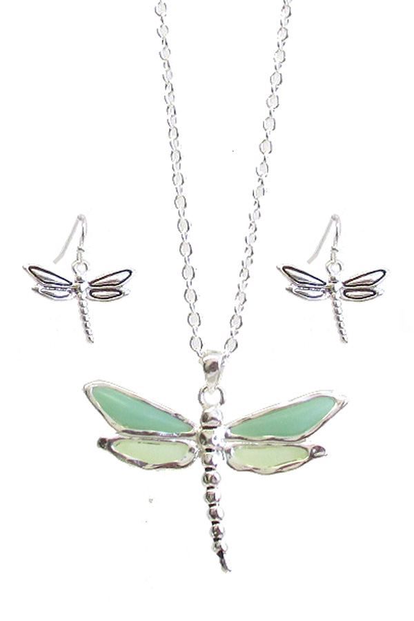 SEAGLASS DRAGONFLY PENDANT NECKLACE SET sea glass