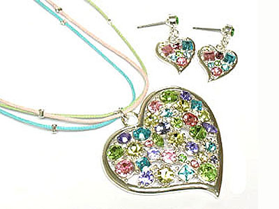 Crystal heart and leather band necklace and earring set