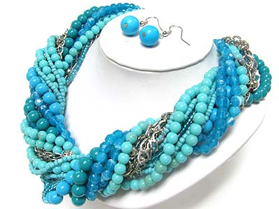 Multi chunky beads and chain braided necklace earring set