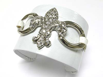 CRYSTAL FLEUR DE LIS FAUX LEATHER WRAP METAL CUFF BANGLE